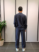 Navy Blue Linen Blend Relaxed Shirt & Trousers Set