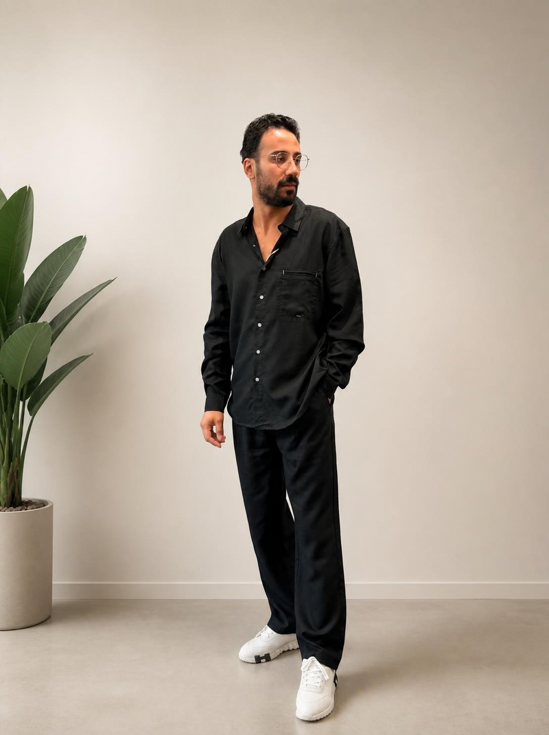 Midnight Black Linen Blend Relaxed Shirt & Trousers Set