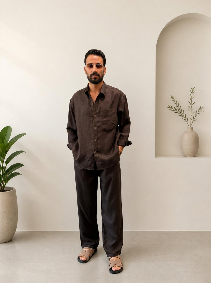 Espresso Linen Blend Relaxed Chemise & Trousers Set